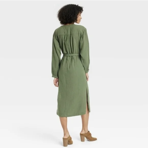 NWT Women's Balloon Long Sleeve Tie-Front Shirtdress Universal Thread Green Sz S - Picture 2 of 11